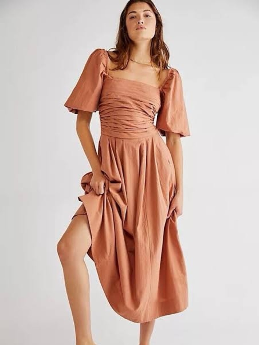 Free People Terra Cotta Midi Dress with Puff Sleeves
